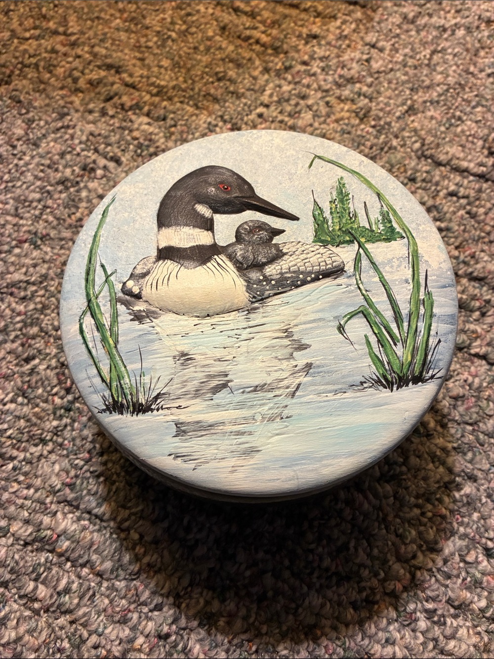 Round Hand-Painted Loon Art in Blue, White and Green
